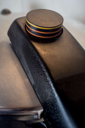 Stainless Steel Pressure Cooker at work. Rising indicator detail with markings to show the pressure...