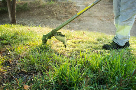 Gardener mowing the grass with lawn mower in the park. He wears Personal protective equipment (PPE)