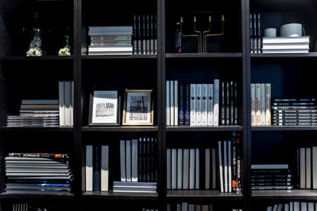 Alcorcon, Spain - Jul 14th 2019: Black Bookcase at furniture showrooms at Ikea shop