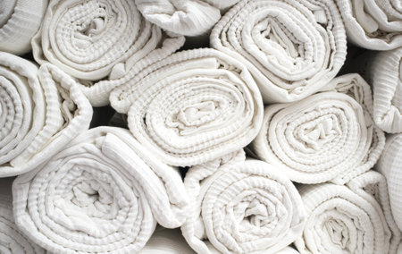 Loads of rolled white cotton bedspreads. closeupの写真素材
