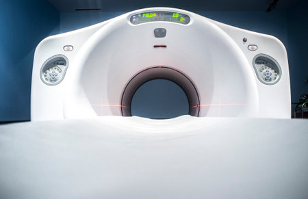 PET/CT Machine round hole and bed. Positron emission tomographyâcomputed tomography. Soft noise at 100%の写真素材