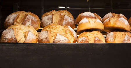 Bread loaves displayed on bakery shop shelves