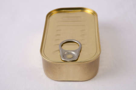 Closed rectangular tin can isolated over white background. selective focus