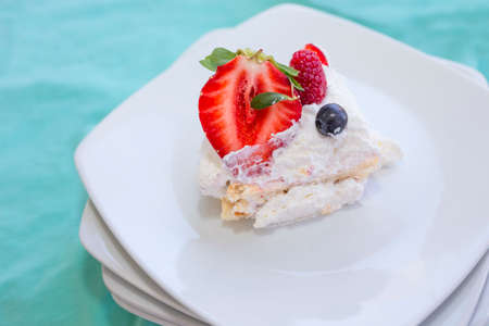 Fruits of the forest cake with cream and pastry. closeupの写真素材