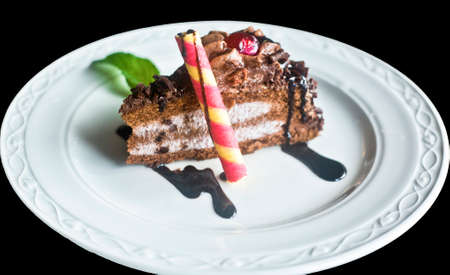 Piece of chocolate cake with biscuit rolls, mint and xyrup
