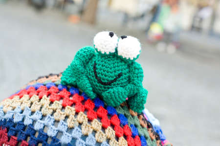 Hand crocheted figurines showing, Badajoz, Spain. crochet frogの写真素材