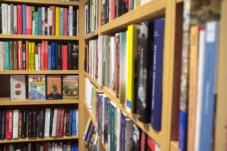 Badajoz, Spain - August 9th, 2017: Bookshop display full of Historical fiction and historical science books. Cornerのeditorial素材