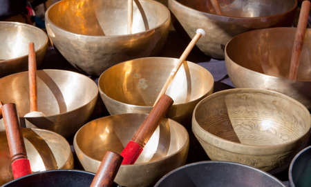 Stall of tibetan Singing Bowls or Cup of life, popular product in Nepal, Tibet and Indiaの写真素材