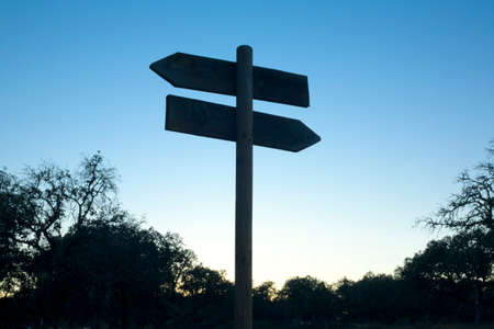 Old rusty wooden pole with two direction at dusk on dehesa landscape