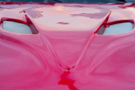 Shiny red car hood with grille shaped as a fox headの写真素材