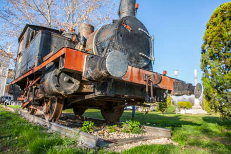 Cordoba, Spain - Feb 16th, 2014: Old steam train engine at Cordoba Park, Spain. Model Anjubault 020T...
