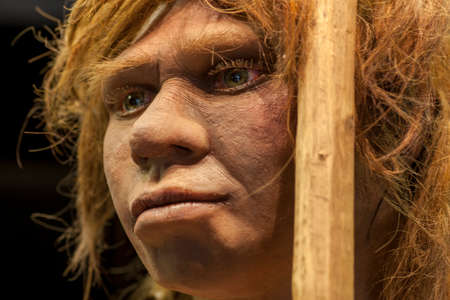 Madrid, Spain - Marh 6th 2021: Life-sized sculpture of Neanderthal female, MAN Madrid. selective...