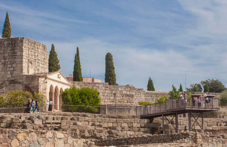 Merida, Spain - Oct 9th, 2021: Alcazaba of Merida viewpoint platform full of visitors. Extremadura, Spainのeditorial素材