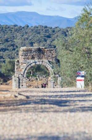Via de la Plata pilgrim crossing remains of Roman city of Caparra, Caceres, Extremadura, Spainの写真素材