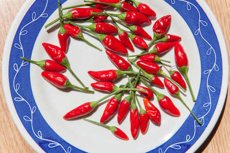 Plate with piri-piri chili pepper. Studio shot with natural light. wood background