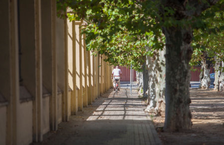 Senior biker riding at Seville downtown, Spain. Mild bike rides around the city for the elderlyの写真素材
