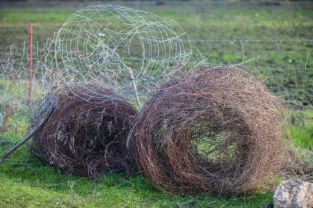 Livestock fence removed and rolled up. country shot