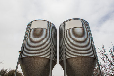 Animal feed silos. Zinc-coated storage for animal husbandryの写真素材