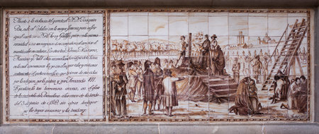 Barcelona, Spain - Dec 29th, 2019: Tile mural depicting the Ascension Plot, 1809. Barcelona, Spain. unknown artistのeditorial素材