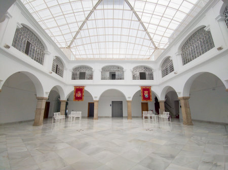 Merida, Spain - April 27th, 2023: Assembly of Extremadura building courtyard. Former Hospital of San Juan de Diosのeditorial素材