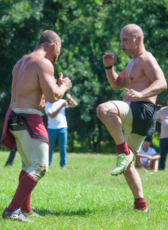 Merida, Spain - June 3th, 2023: Harpastum match re-enactment, ancient roman football. Emerita Ludica Festival, Merida, Spainのeditorial素材
