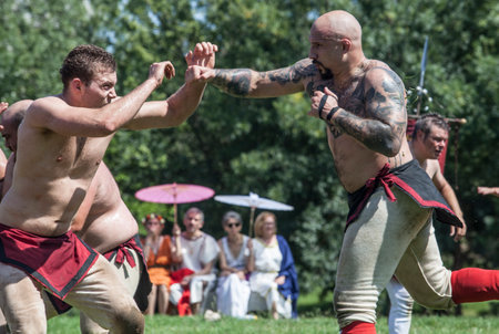 Merida, Spain - June 3th, 2023: Harpastum match re-enactment, ancient roman football. Emerita Ludica...