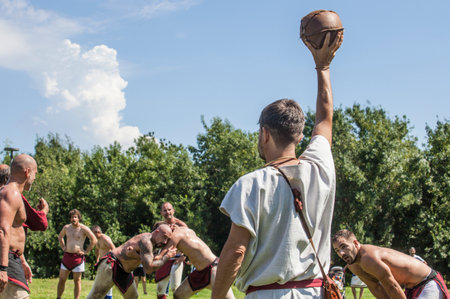 Merida, Spain - June 3th, 2023: Harpastum match re-enactment, ancient roman football. Emerita Ludica Festival, Merida, Spainのeditorial素材