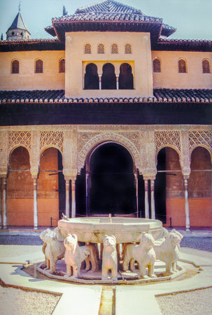 Granada, Spain - March 28th, 2004: Alhambra Lions fountain. Digitized film photographyのeditorial素材