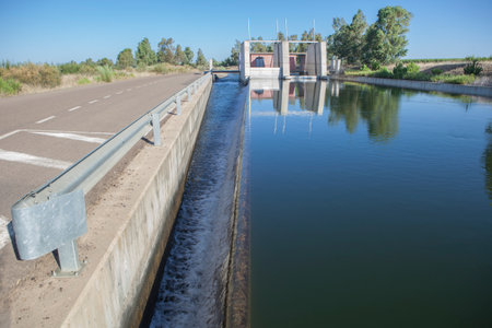 Flood gates control station of Irrigation canal. Vegas Altas del Guadiana, Badajoz, Extremadura,...