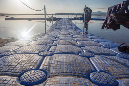 Modular pontoon with nautical clothing hanging from handrails. Gabriel y Galan reservoir, Caceres, Spainの写真素材