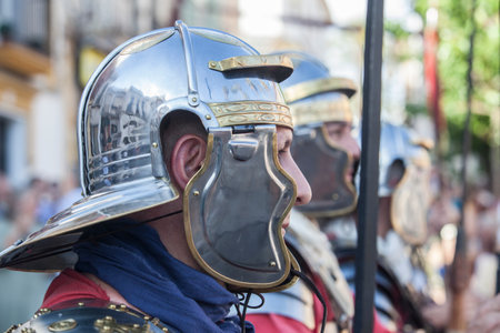 Merida, Spain - June 3th, 2023: Roman legionaries in formation. Emerita Ludica Festival 2023, Merida, Spainのeditorial素材