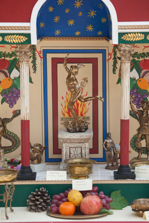 Merida, Spain - Oct 9th, 2021: Small roman altar with offerings. Emerita Ludica Festival 2021, Merida, Spainのeditorial素材