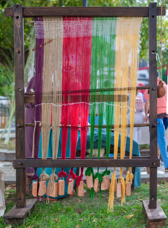 Merida, Spain - Oct 9th, 2021: Roman weaving loom. Emerita Ludica Festival 2021, Merida, Spainのeditorial素材
