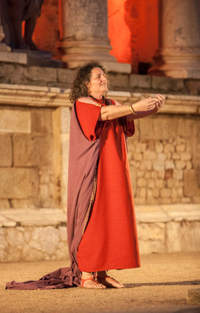 Merida, Spain - Jun 3rd, 2023: Performance of Medea at the Roman Theater of Merida. Merita Ludica Festival 2023のeditorial素材