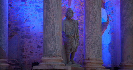 Merida, Spain - Jun 3rd, 2023: Roman Theater stage illuminated during a performance. Emerita Ludica Festival 2023.のeditorial素材