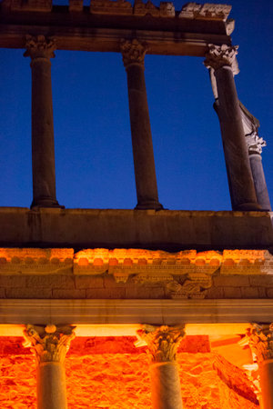 Merida, Spain - Jun 3rd, 2023: Theater stage illuminated during performance. Emerita Ludica Festival 2023.のeditorial素材