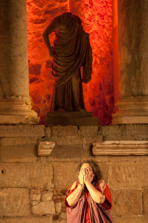 Merida, Spain - Jun 3rd, 2023: Performance of Medea at the Roman Theater of Merida. Merita Ludica Festival 2023のeditorial素材