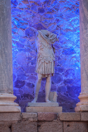 Merida, Spain - Jun 3rd, 2023: Theater stage illuminated during performance. Emerita Ludica Festival 2023.のeditorial素材