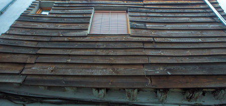 Traditional architecture of Hervas, Caceres, Spain. Upper floor covered with wood planksの写真素材