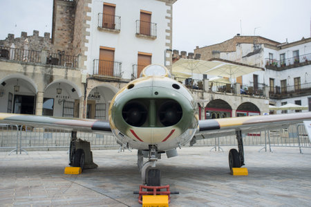 Caceres, Spain - May 27th, 2021: Hispano HA-200 Saeta. Spanish military aviation exhibition, Caceres Main Square, Spainのeditorial素材