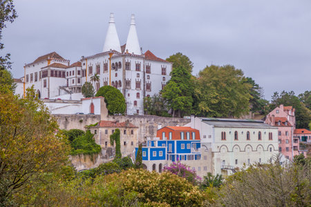 Sintra National Palace dominating the view of Sintra, Portugal. Major tourist destination of Greater Lisbon Regionの写真素材