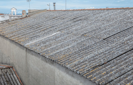 Old fibre cement corrugated roof. Harmful and disused construction materialの写真素材
