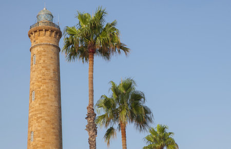 Chipiona lighthouse, considered to be the tallest one in Spain. Cadiz, Spain. High palm treesの写真素材