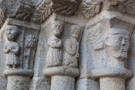 Santa Marina Parish Old Church main portal. Visible historiated capitals. Xinzo de Limia, Galicia,...