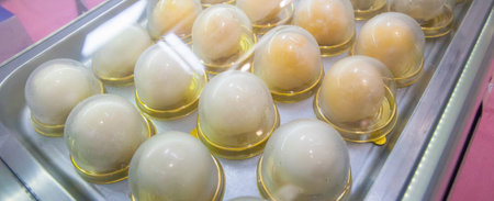 Mochi ice creams displayed and covered by a dome-shaped plastic case