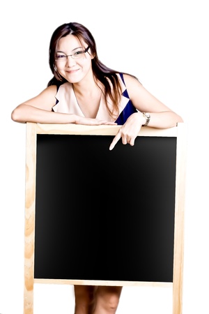 Woman with blank chalkboardの写真素材
