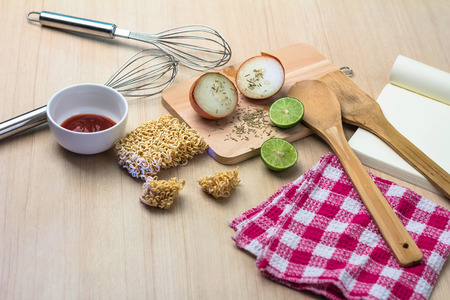 Cooking stuffs on a wooden tableの写真素材