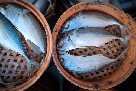 Mackerel fish in bamboo basket at marketの写真素材