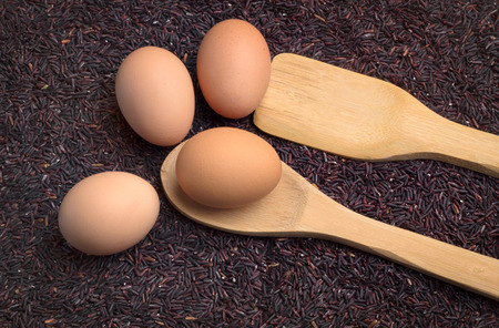 Raw Rice berry rice and egg closeup with wood spoon.jpgの写真素材