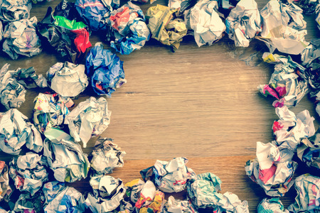 paper ball on wood table background  with space for text idea vintage conceptの写真素材
